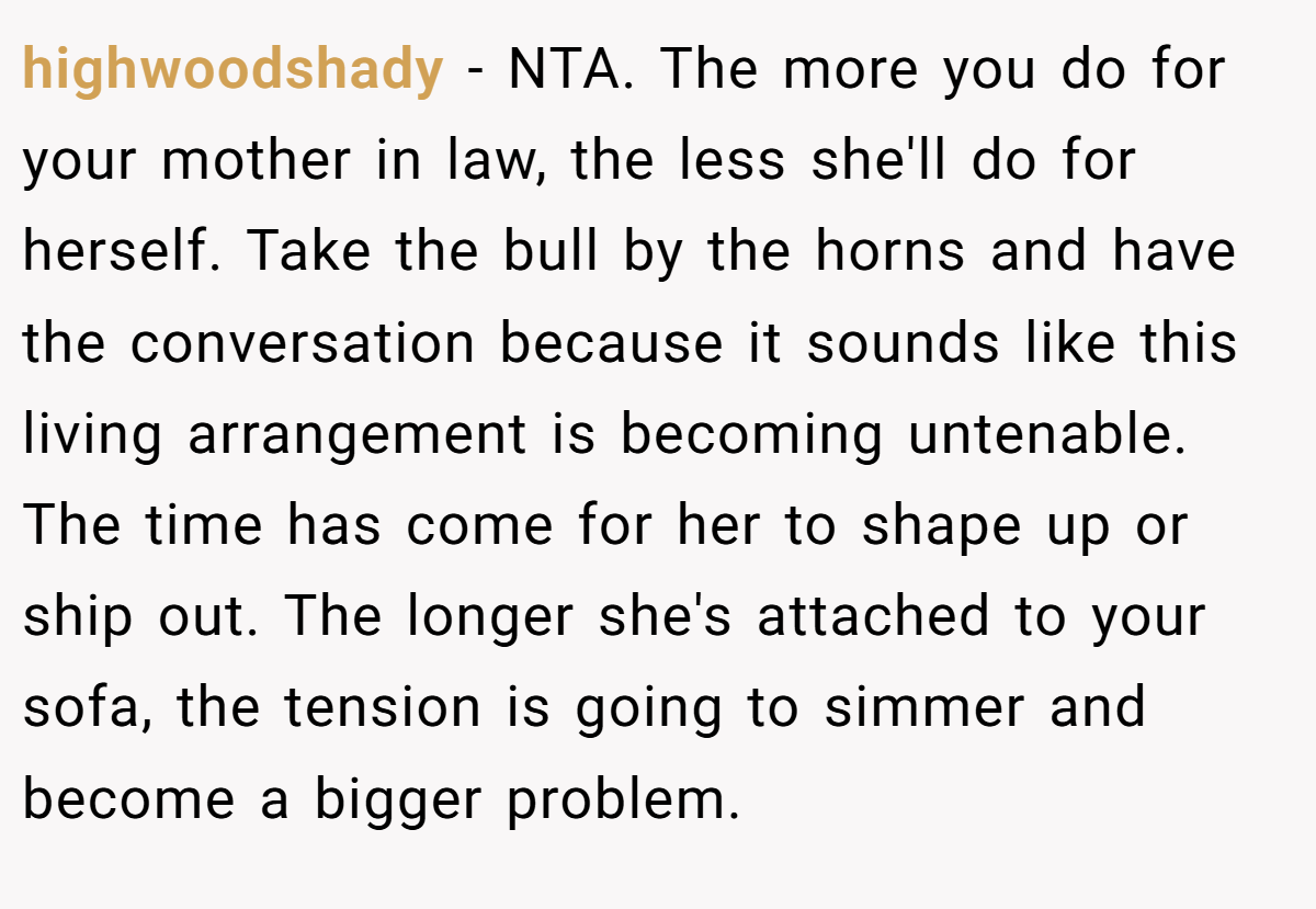 highwoodshady − NTA. The more you do for your mother in law, the less she'll do for herself. Take the bull by the horns and have the conversation because it sounds like this living arrangement is becoming untenable. The time has come for her to shape up or ship out. The longer she's attached to your sofa, the tension is going to simmer and become a bigger problem.