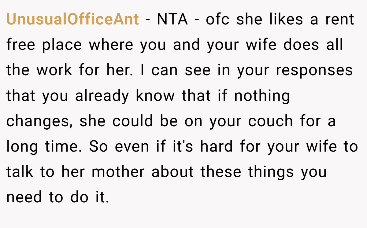 UnusualOfficeAnt − NTA - ofc she likes a rent free place where you and your wife does all the work for her. I can see in your responses that you already know that if nothing changes, she could be on your couch for a long time. So even if it's hard for your wife to talk to her mother about these things you need to do it.