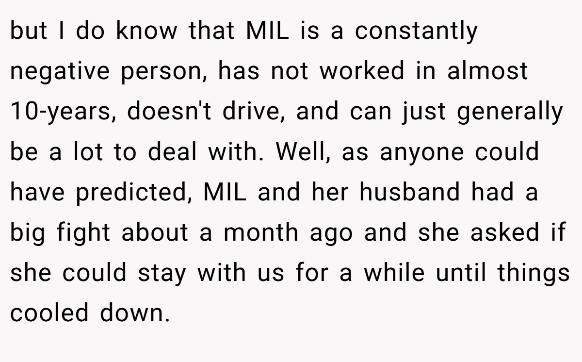 but I do know that MIL is a constantly negative person, has not worked in almost 10-years, doesn't drive, and can just generally be a lot to deal with. Well, as anyone could have predicted, MIL and her husband had a big fight about a month ago and she asked if she could stay with us for a while until things cooled down.