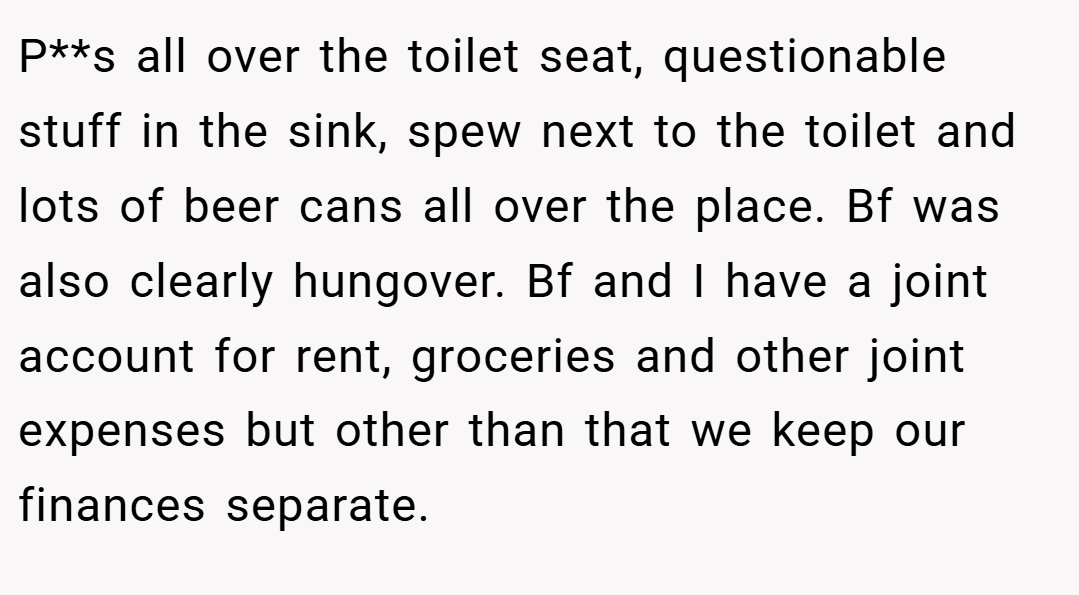 P**s all over the toilet seat, questionable stuff in the sink, spew next to the toilet and lots of beer cans all over the place. Bf was also clearly hungover. Bf and I have a joint account for rent, groceries and other joint expenses but other than that we keep our finances separate.
