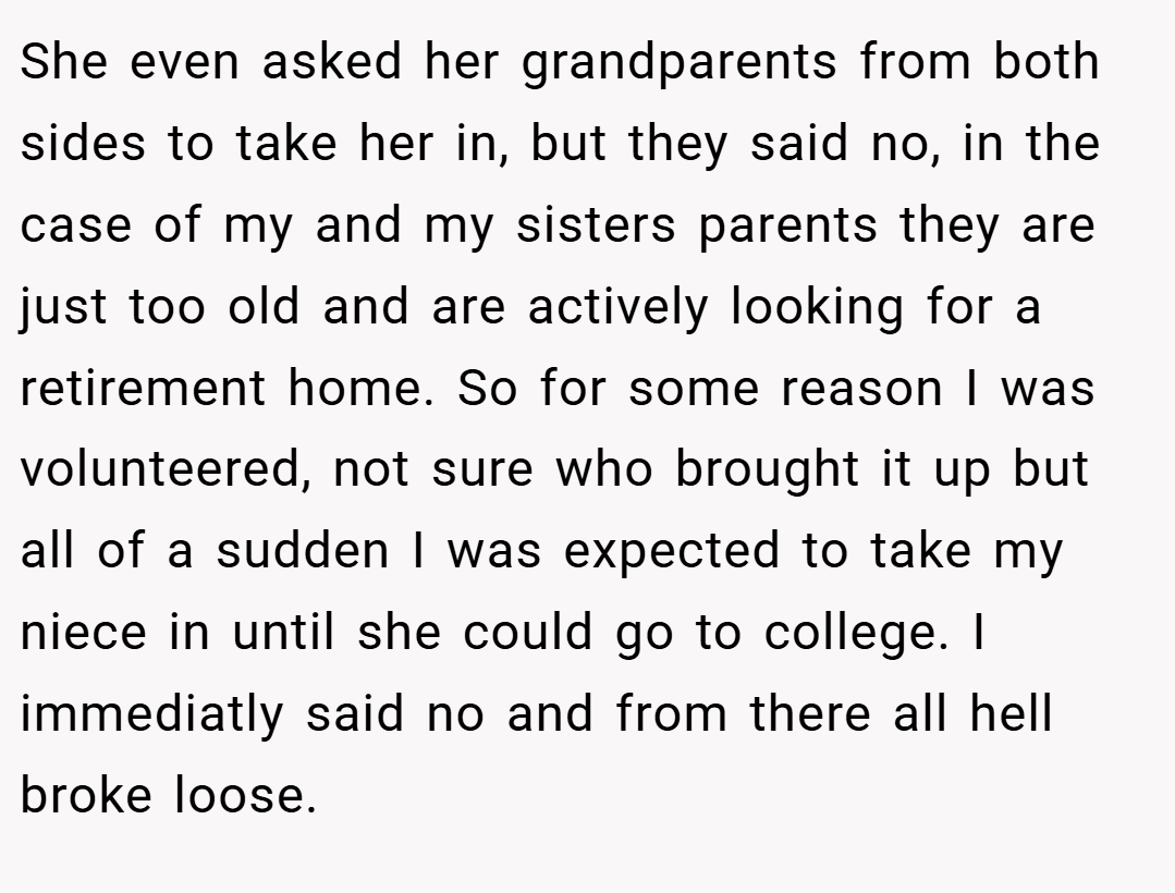 She even asked her grandparents from both sides to take her in, but they said no, in the case of my and my sisters parents they are just too old and are actively looking for a retirement home. So for some reason I was volunteered, not sure who brought it up but all of a sudden I was expected to take my niece in until she could go to college. I immediatly said no and from there all hell broke loose.