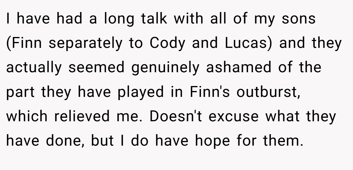 I have had a long talk with all of my sons (Finn separately to Cody and Lucas) and they actually seemed genuinely ashamed of the part they have played in Finn's outburst, which relieved me. Doesn't excuse what they have done, but I do have hope for them.