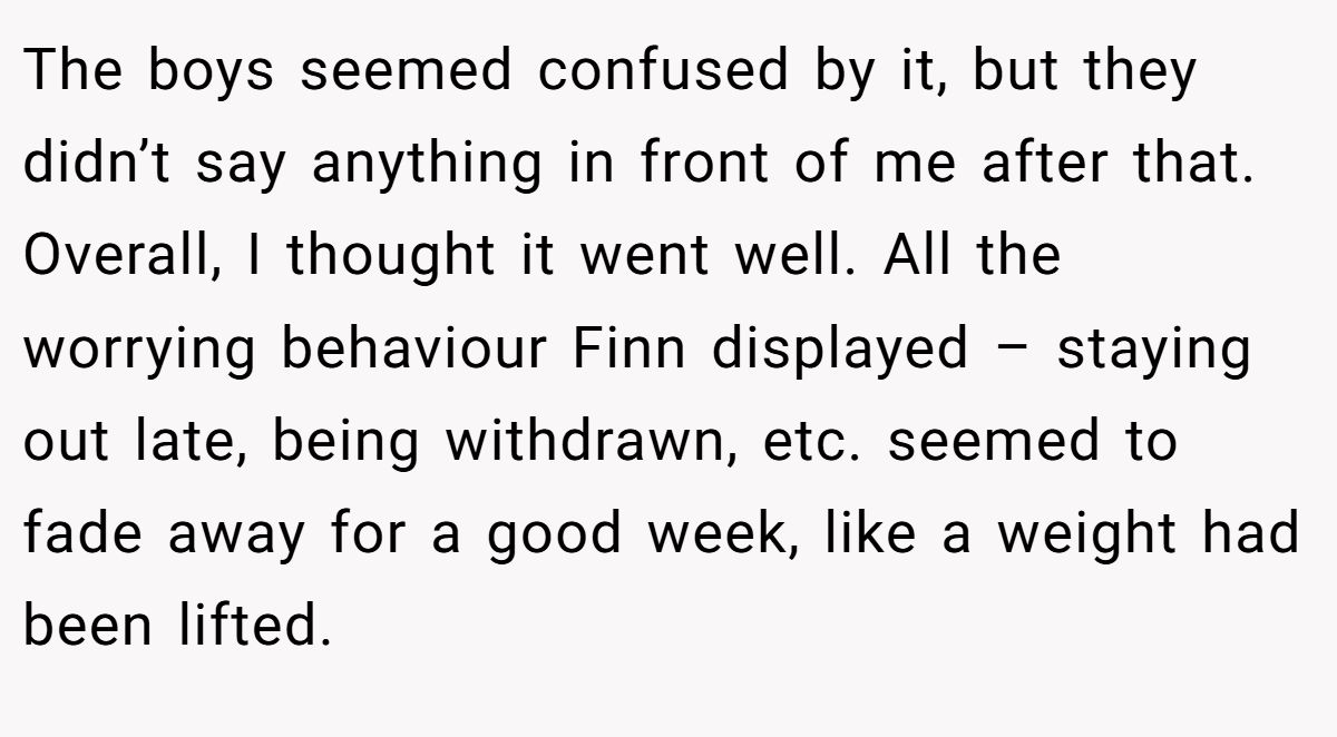 The boys seemed confused by it, but they didn’t say anything in front of me after that. Overall, I thought it went well. All the worrying behaviour Finn displayed – staying out late, being withdrawn, etc. seemed to fade away for a good week, like a weight had been lifted.