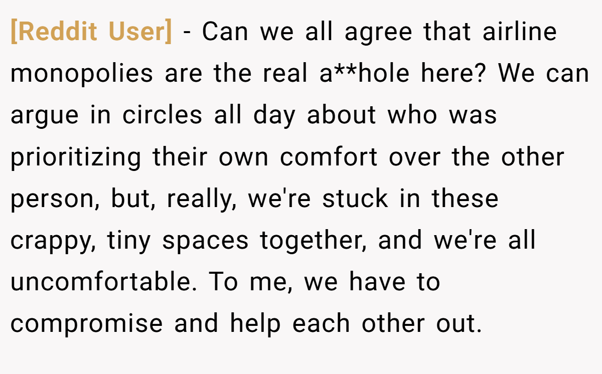 [Reddit User] − Can we all agree that airline monopolies are the real a**hole here? We can argue in circles all day about who was prioritizing their own comfort over the other person, but, really, we're stuck in these crappy, tiny spaces together, and we're all uncomfortable. To me, we have to compromise and help each other out.