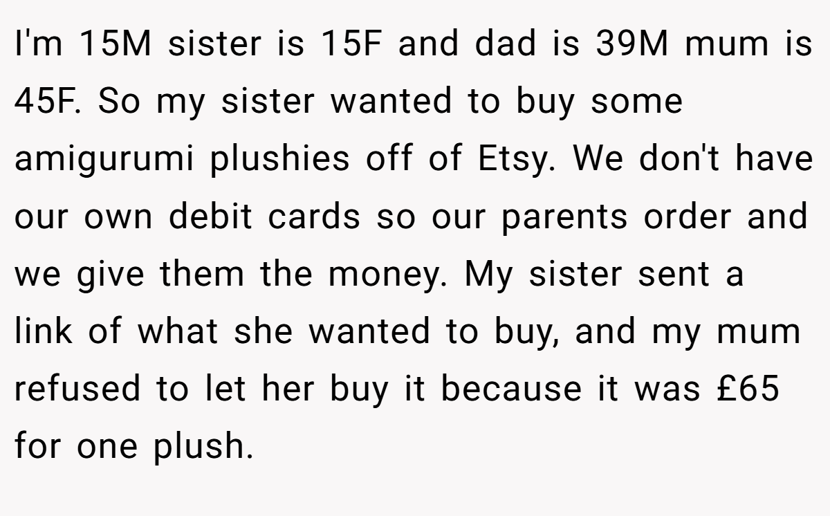 I'm 15M sister is 15F and dad is 39M mum is 45F. So my sister wanted to buy some amigurumi plushies off of Etsy. We don't have our own debit cards so our parents order and we give them the money. My sister sent a link of what she wanted to buy, and my mum refused to let her buy it because it was £65 for one plush.