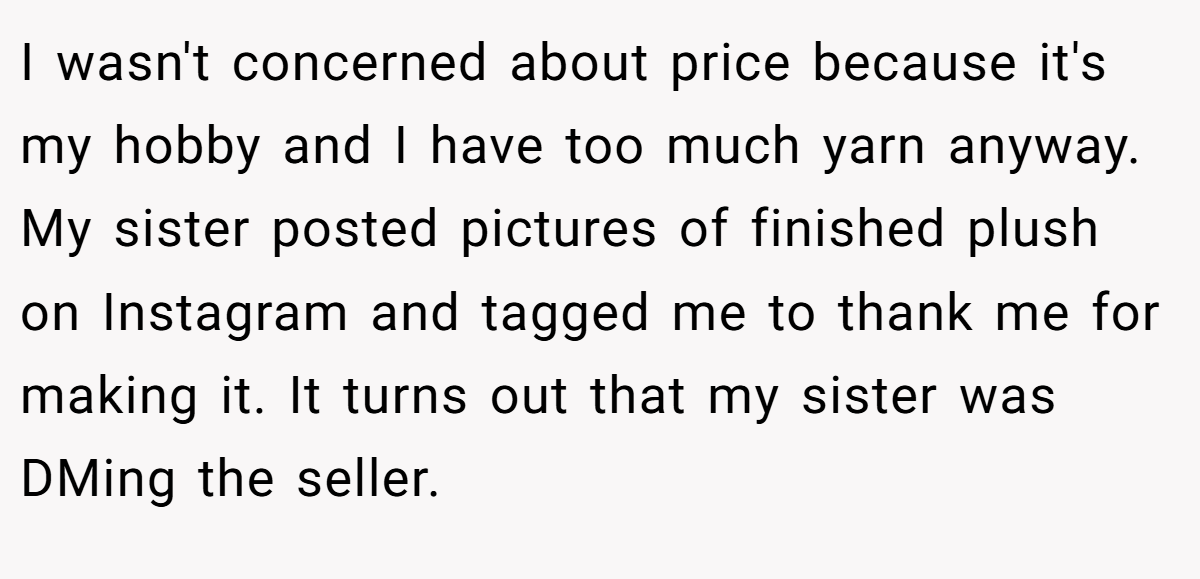 I wasn't concerned about price because it's my hobby and I have too much yarn anyway. My sister posted pictures of finished plush on Instagram and tagged me to thank me for making it. It turns out that my sister was DMing the seller.