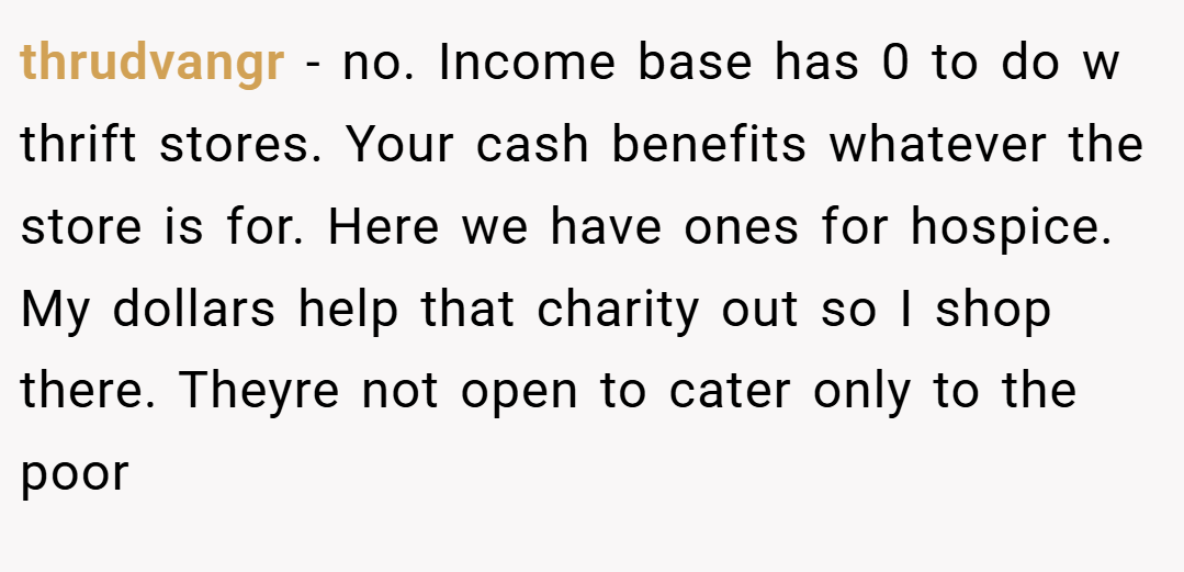 thrudvangr − no. Income base has 0 to do w thrift stores. Your cash benefits whatever the store is for. Here we have ones for hospice. My dollars help that charity out so I shop there. Theyre not open to cater only to the poor