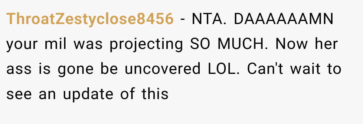 ThroatZestyclose8456 − NTA. DAAAAAAMN your mil was projecting SO MUCH. Now her ass is gone be uncovered LOL. Can't wait to see an update of this