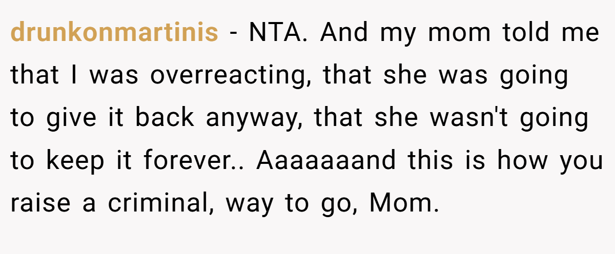 drunkonmartinis − NTA. And my mom told me that I was overreacting, that she was going to give it back anyway, that she wasn't going to keep it forever.. Aaaaaaand this is how you raise a criminal, way to go, Mom.