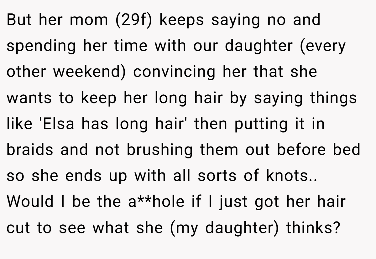 But her mom (29f) keeps saying no and spending her time with our daughter (every other weekend) convincing her that she wants to keep her long hair by saying things like 'Elsa has long hair' then putting it in braids and not brushing them out before bed so she ends up with all sorts of knots.. Would I be the a**hole if I just got her hair cut to see what she (my daughter) thinks?
