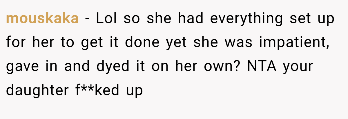 mouskaka − Lol so she had everything set up for her to get it done yet she was impatient, gave in and dyed it on her own? NTA your daughter f**ked up