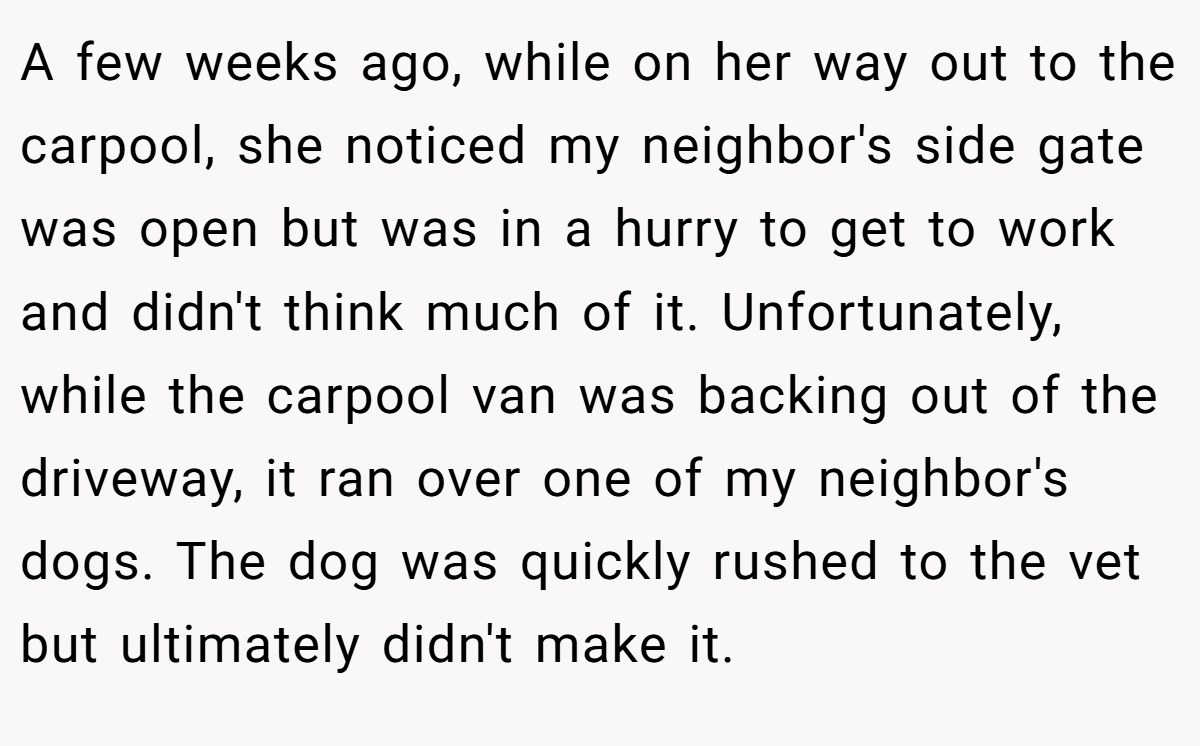 A few weeks ago, while on her way out to the carpool, she noticed my neighbor's side gate was open but was in a hurry to get to work and didn't think much of it. Unfortunately, while the carpool van was backing out of the driveway, it ran over one of my neighbor's dogs. The dog was quickly rushed to the vet but ultimately didn't make it.