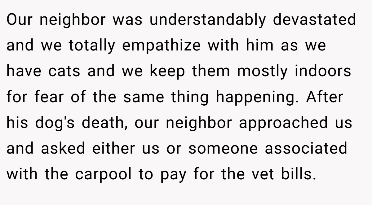 Our neighbor was understandably devastated and we totally empathize with him as we have cats and we keep them mostly indoors for fear of the same thing happening. After his dog's death, our neighbor approached us and asked either us or someone associated with the carpool to pay for the vet bills.