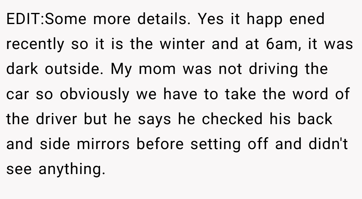 EDIT:Some more details. Yes it happ ened recently so it is the winter and at 6am, it was dark outside. My mom was not driving the car so obviously we have to take the word of the driver but he says he checked his back and side mirrors before setting off and didn't see anything.