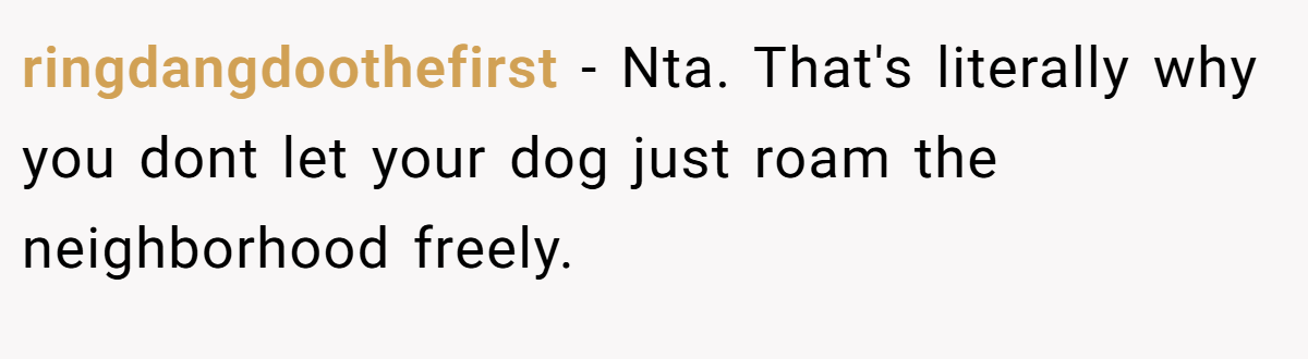 ringdangdoothefirst - Nta. That's literally why you dont let your dog just roam the neighborhood freely.