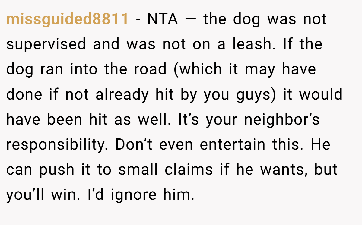 missguided8811 - NTA — the dog was not supervised and was not on a leash. If the dog ran into the road (which it may have done if not already hit by you guys) it would have been hit as well. It’s your neighbor’s responsibility. Don’t even entertain this. He can push it to small claims if he wants, but you’ll win. I’d ignore him.