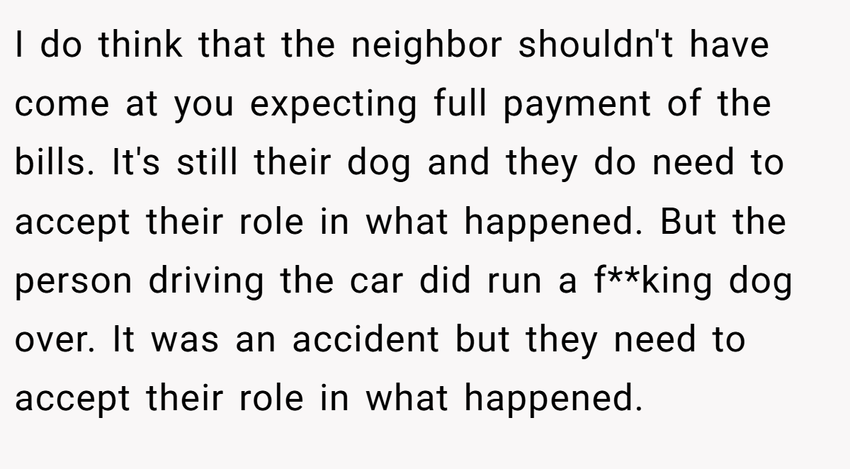 I do think that the neighbor shouldn't have come at you expecting full payment of the bills. It's still their dog and they do need to accept their role in what happened. But the person driving the car did run a f**king dog over. It was an accident but they need to accept their role in what happened.