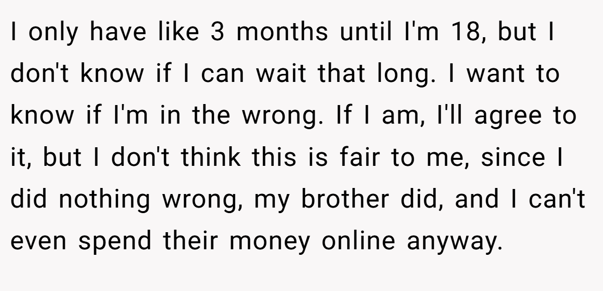 I only have like 3 months until I'm 18, but I don't know if I can wait that long. I want to know if I'm in the wrong. If I am, I'll agree to it, but I don't think this is fair to me, since I did nothing wrong, my brother did, and I can't even spend their money online anyway.