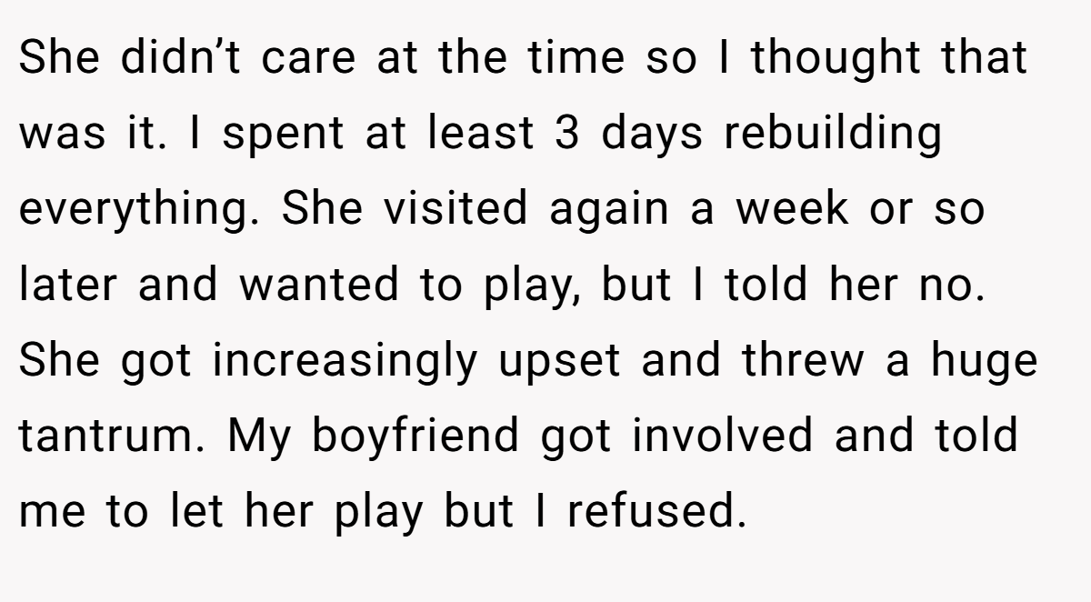 She didn’t care at the time so I thought that was it. I spent at least 3 days rebuilding everything. She visited again a week or so later and wanted to play, but I told her no. She got increasingly upset and threw a huge tantrum. My boyfriend got involved and told me to let her play but I refused.