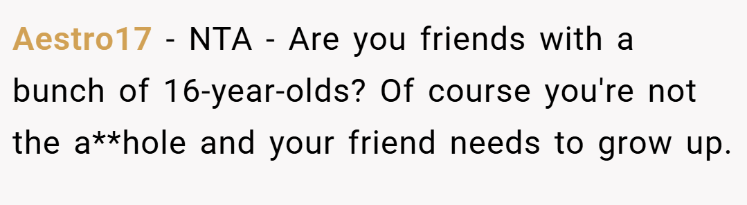 Aestro17 − NTA - Are you friends with a bunch of 16-year-olds? Of course you're not the a**hole and your friend needs to grow up.