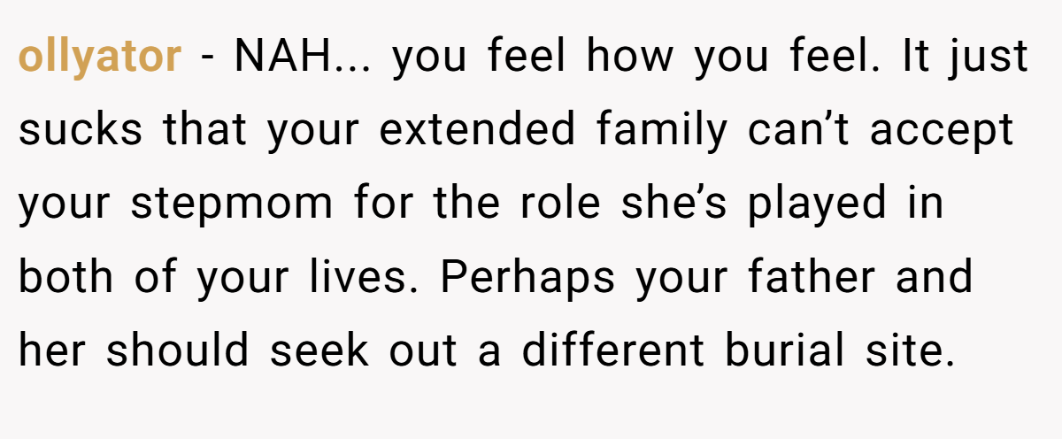 ollyator − NAH... you feel how you feel. It just sucks that your extended family can’t accept your stepmom for the role she’s played in both of your lives. Perhaps your father and her should seek out a different burial site.