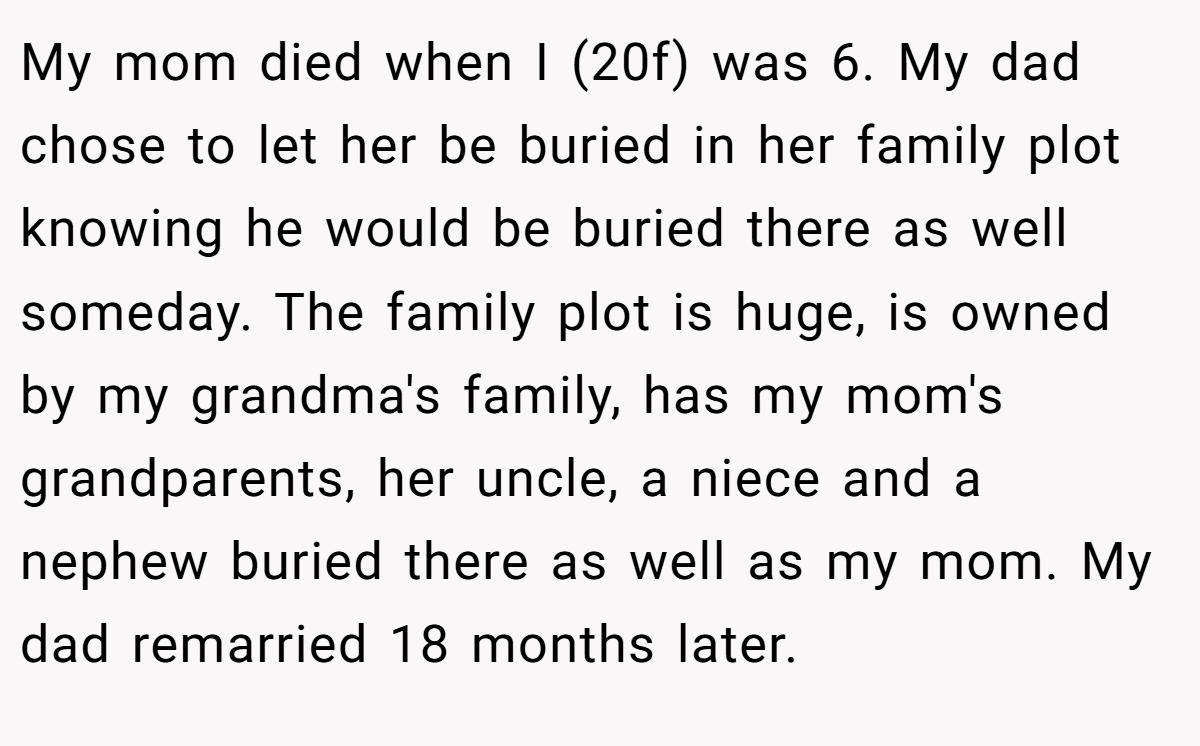 My mom died when I (20f) was 6. My dad chose to let her be buried in her family plot knowing he would be buried there as well someday. The family plot is huge, is owned by my grandma's family, has my mom's grandparents, her uncle, a niece and a nephew buried there as well as my mom. My dad remarried 18 months later.