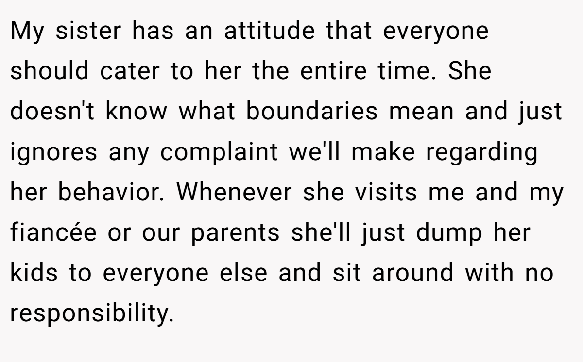 My sister has an attitude that everyone should cater to her the entire time. She doesn't know what boundaries mean and just ignores any complaint we'll make regarding her behavior. Whenever she visits me and my fiancée or our parents she'll just dump her kids to everyone else and sit around with no responsibility.