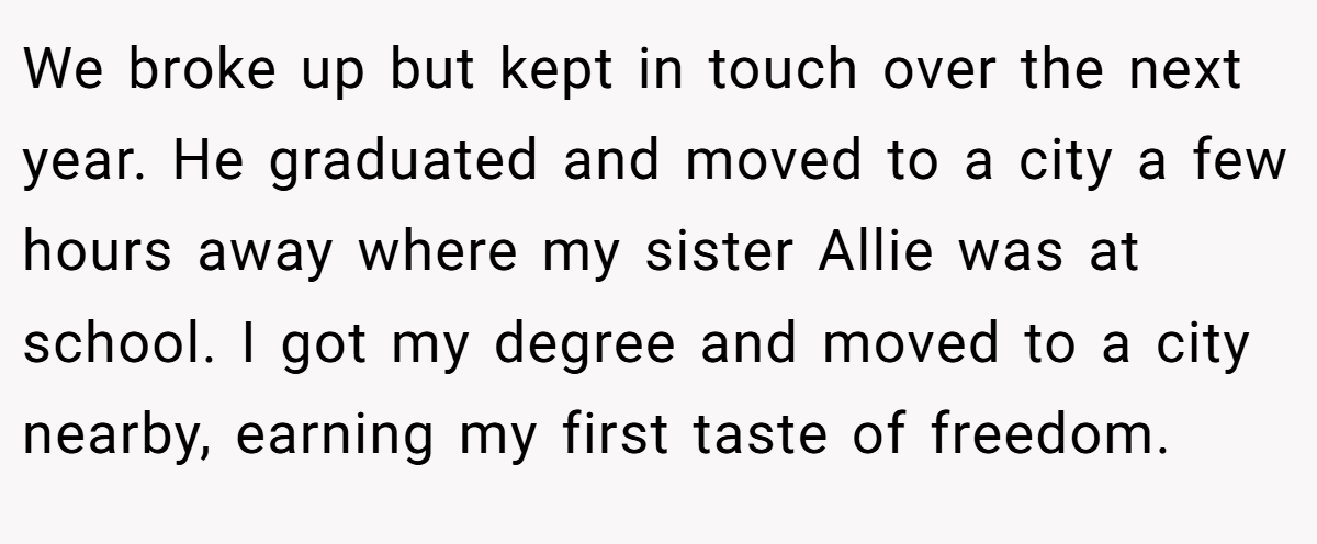 We broke up but kept in touch over the next year. He graduated and moved to a city a few hours away where my sister Allie was at school. I got my degree and moved to a city nearby, earning my first taste of freedom.