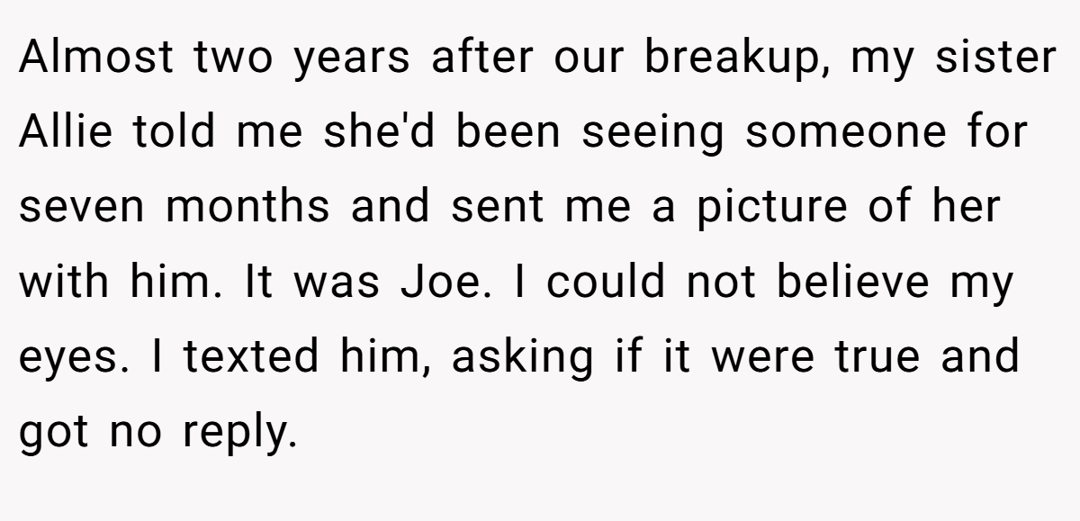Almost two years after our breakup, my sister Allie told me she'd been seeing someone for seven months and sent me a picture of her with him. It was Joe. I could not believe my eyes. I texted him, asking if it were true and got no reply.