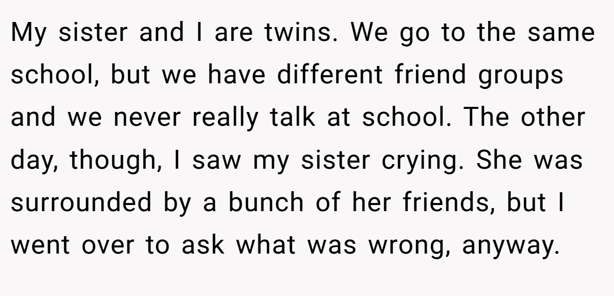 My sister and I are twins. We go to the same school, but we have different friend groups and we never really talk at school. The other day, though, I saw my sister crying. She was surrounded by a bunch of her friends, but I went over to ask what was wrong, anyway.