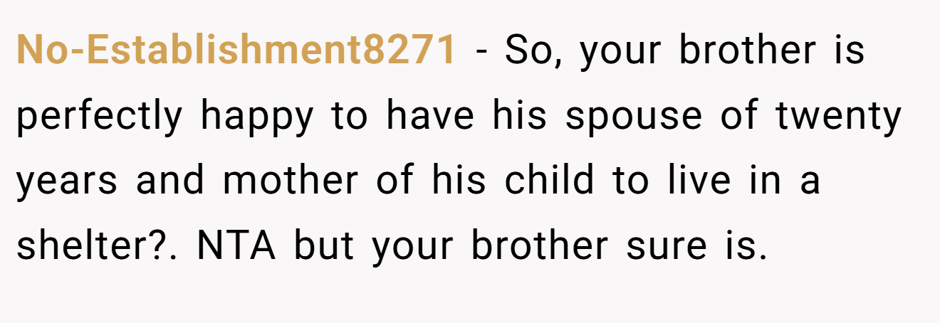 No-Establishment8271 - So, your brother is perfectly happy to have his spouse of twenty years and mother of his child to live in a shelter?. NTA but your brother sure is.