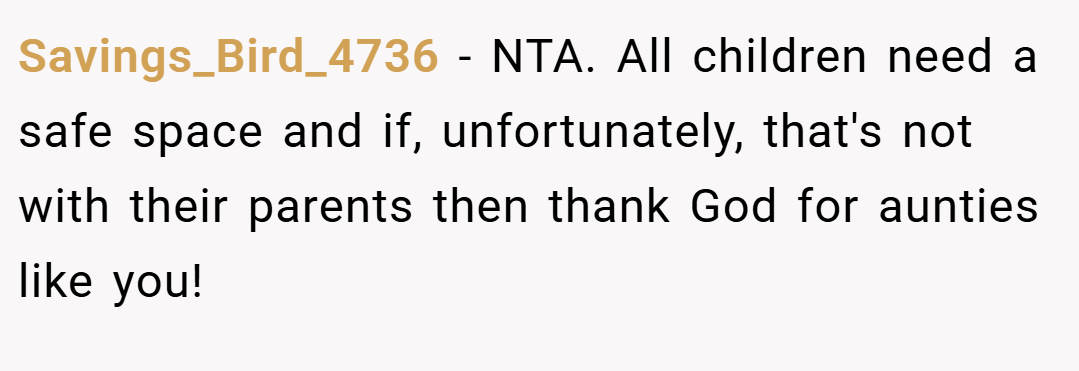 Savings_Bird_4736 − NTA. All children need a safe space and if, unfortunately, that's not with their parents then thank God for aunties like you!