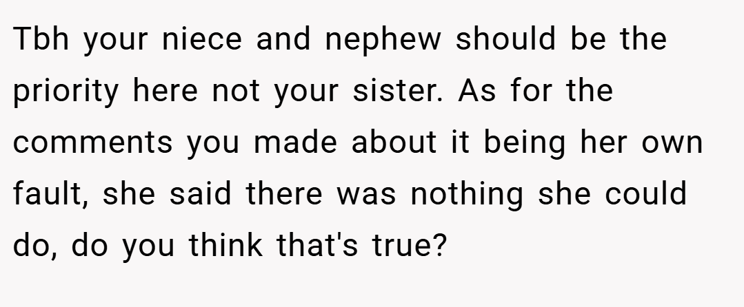 Tbh your niece and nephew should be the priority here not your sister. As for the comments you made about it being her own fault, she said there was nothing she could do, do you think that's true?
