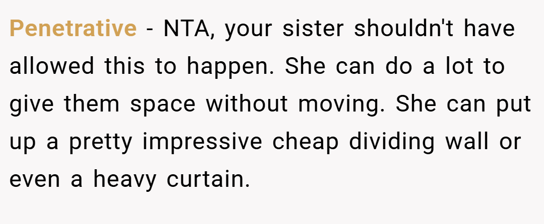 Penetrative − NTA, your sister shouldn't have allowed this to happen. She can do a lot to give them space without moving. She can put up a pretty impressive cheap dividing wall or even a heavy curtain.