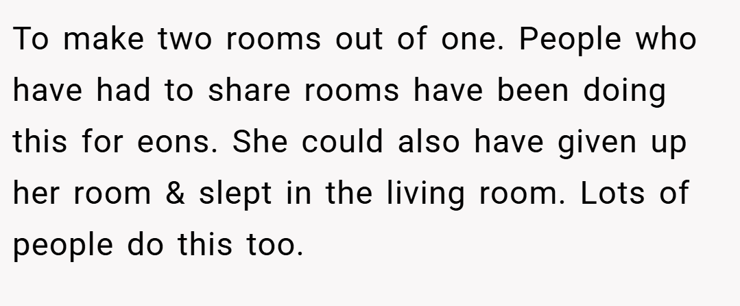 To make two rooms out of one. People who have had to share rooms have been doing this for eons. She could also have given up her room & slept in the living room. Lots of people do this too.