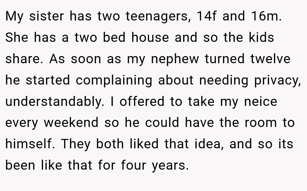 My sister has two teenagers, 14f and 16m. She has a two bed house and so the kids share. As soon as my nephew turned twelve he started complaining about needing privacy, understandably. I offered to take my neice every weekend so he could have the room to himself. They both liked that idea, and so its been like that for four years.