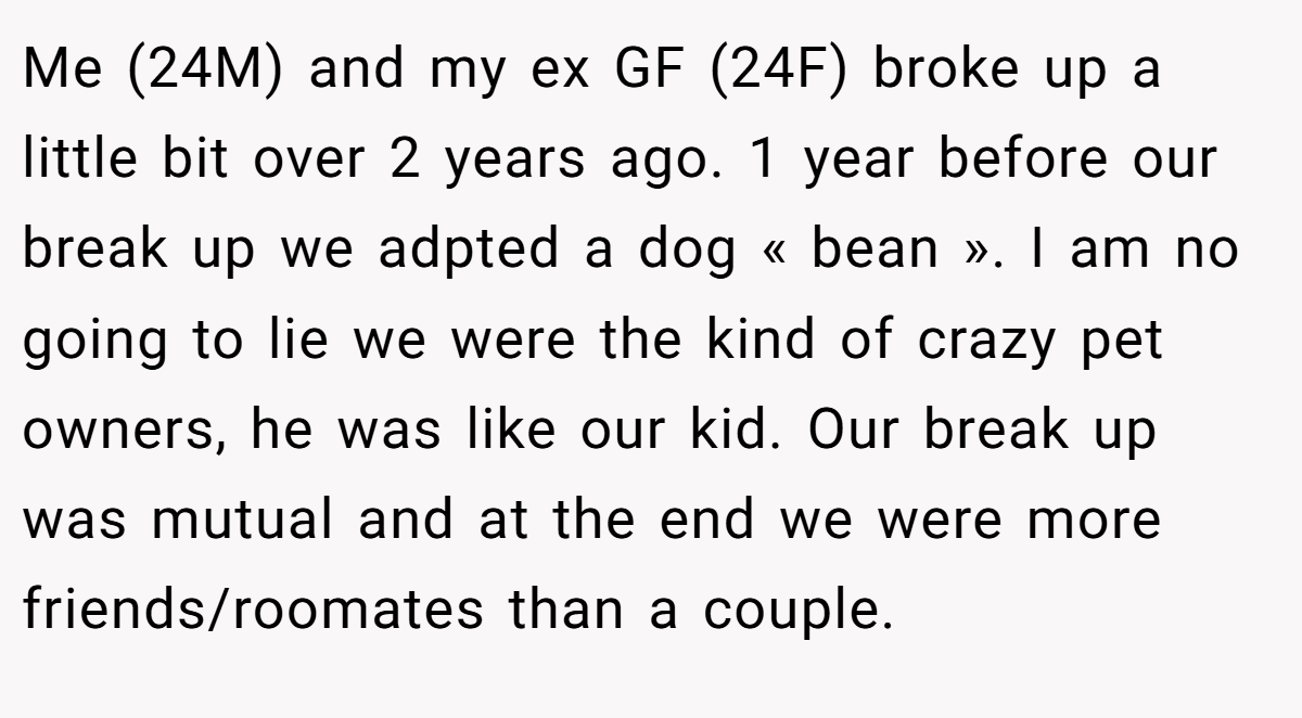 Me (24M) and my ex GF (24F) broke up a little bit over 2 years ago. 1 year before our break up we adpted a dog « bean ». I am no going to lie we were the kind of crazy pet owners, he was like our kid. Our break up was mutual and at the end we were more friends/roomates than a couple.