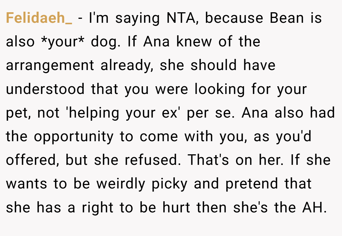 Felidaeh_ − I'm saying NTA, because Bean is also *your* dog. If Ana knew of the arrangement already, she should have understood that you were looking for your pet, not 'helping your ex' per se. Ana also had the opportunity to come with you, as you'd offered, but she refused. That's on her. If she wants to be weirdly picky and pretend that she has a right to be hurt then she's the AH.