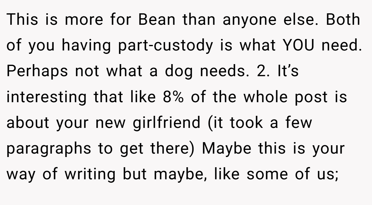 This is more for Bean than anyone else. Both of you having part-custody is what YOU need. Perhaps not what a dog needs. 2. It’s interesting that like 8% of the whole post is about your new girlfriend (it took a few paragraphs to get there) Maybe this is your way of writing but maybe, like some of us;
