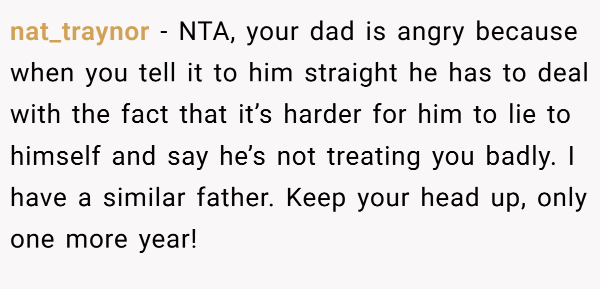 nat_traynor − NTA, your dad is angry because when you tell it to him straight he has to deal with the fact that it’s harder for him to lie to himself and say he’s not treating you badly. I have a similar father. Keep your head up, only one more year!