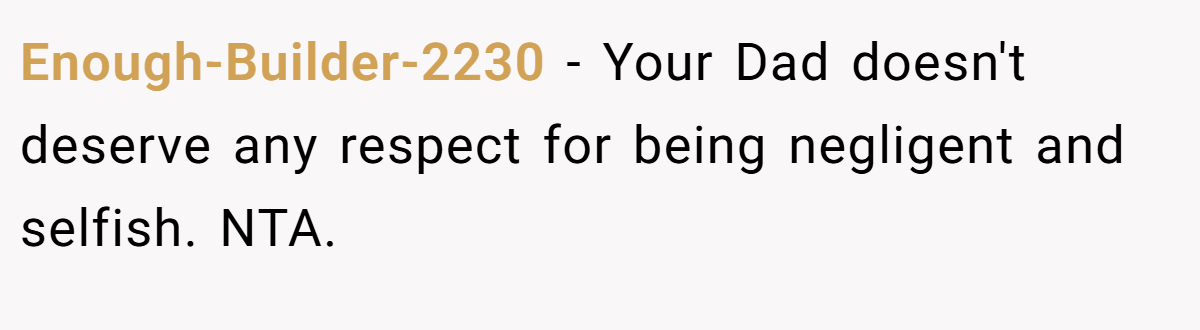 Enough-Builder-2230 − Your Dad doesn't deserve any respect for being negligent and selfish. NTA.