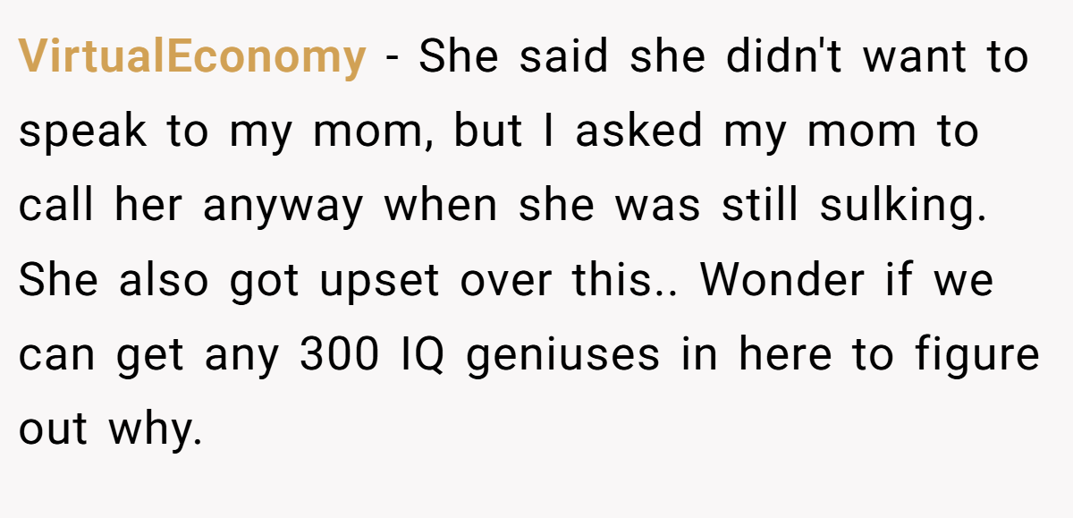 VirtualEconomy − She said she didn't want to speak to my mom, but I asked my mom to call her anyway when she was still sulking. She also got upset over this.. Wonder if we can get any 300 IQ geniuses in here to figure out why.