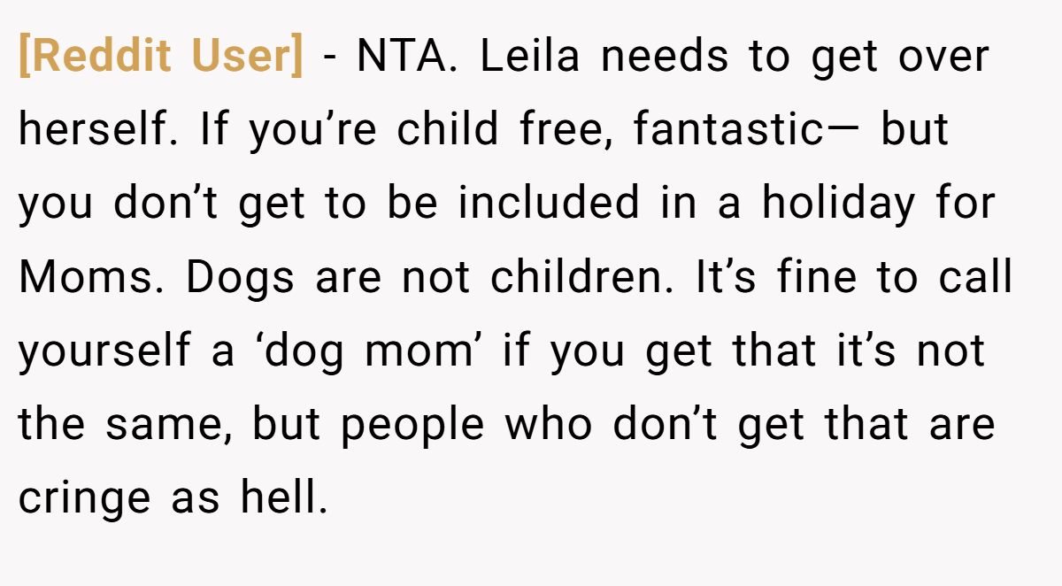 [Reddit User] − NTA. Leila needs to get over herself. If you’re child free, fantastic— but you don’t get to be included in a holiday for Moms. Dogs are not children. It’s fine to call yourself a ‘dog mom’ if you get that it’s not the same, but people who don’t get that are cringe as hell.