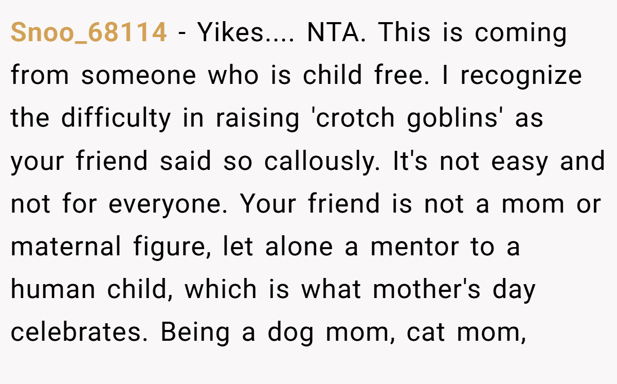 Snoo_68114 − Yikes.... NTA. This is coming from someone who is child free. I recognize the difficulty in raising 'crotch goblins' as your friend said so callously. It's not easy and not for everyone. Your friend is not a mom or maternal figure, let alone a mentor to a human child, which is what mother's day celebrates. Being a dog mom, cat mom,