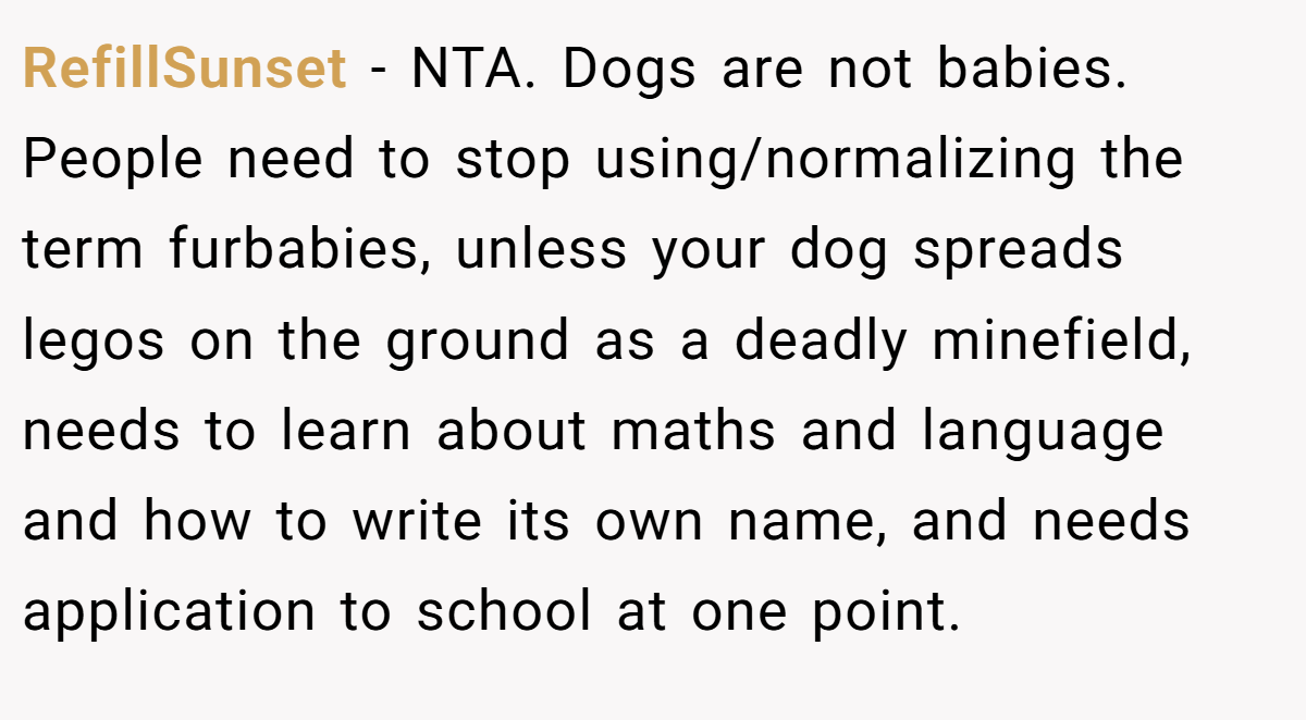 RefillSunset − NTA. Dogs are not babies. People need to stop using/normalizing the term furbabies, unless your dog spreads legos on the ground as a deadly minefield, needs to learn about maths and language and how to write its own name, and needs application to school at one point.