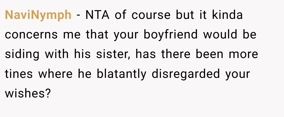 NaviNymph − NTA of course but it kinda concerns me that your boyfriend would be siding with his sister, has there been more tines where he blatantly disregarded your wishes?