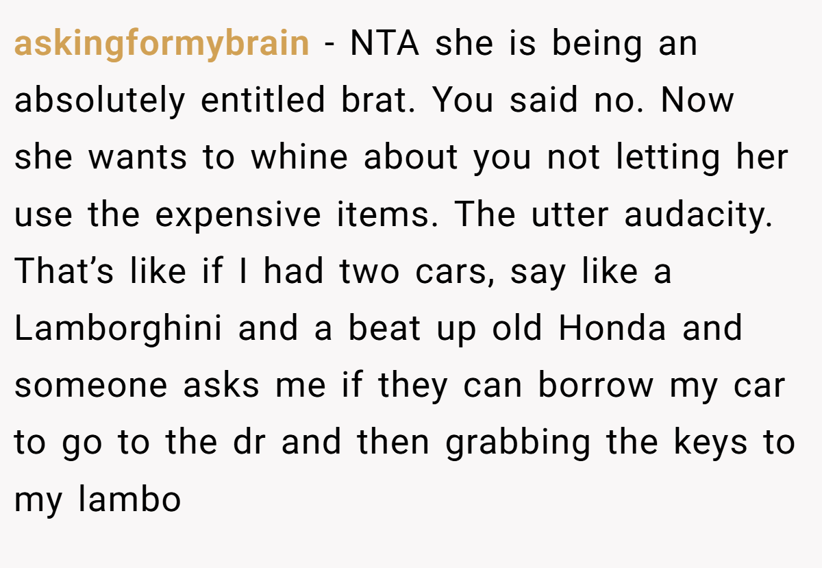 askingformybrain − NTA she is being an absolutely entitled brat. You said no. Now she wants to whine about you not letting her use the expensive items. The utter audacity. That’s like if I had two cars, say like a Lamborghini and a beat up old Honda and someone asks me if they can borrow my car to go to the dr and then grabbing the keys to my lambo