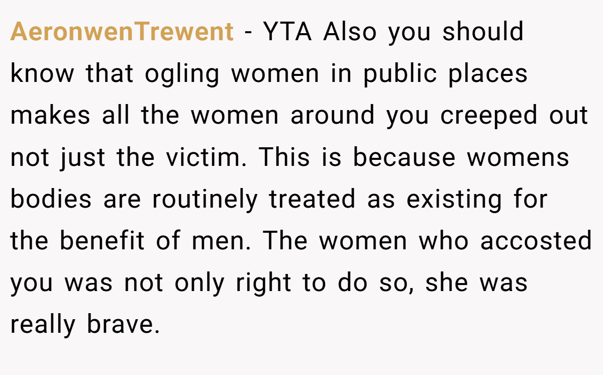 AeronwenTrewent − YTA Also you should know that ogling women in public places makes all the women around you creeped out not just the victim. This is because womens bodies are routinely treated as existing for the benefit of men. The women who accosted you was not only right to do so, she was really brave.