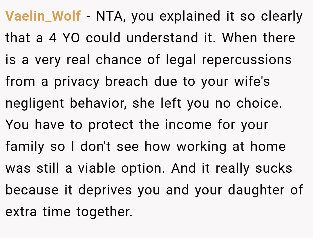 Vaelin_Wolf − NTA, you explained it so clearly that a 4 YO could understand it. When there is a very real chance of legal repercussions from a privacy breach due to your wife's negligent behavior, she left you no choice. You have to protect the income for your family so I don't see how working at home was still a viable option. And it really sucks because it deprives you and your daughter of extra time together.