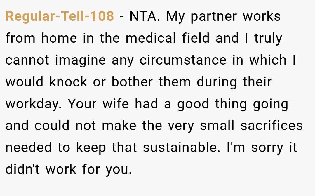 Regular-Tell-108 − NTA. My partner works from home in the medical field and I truly cannot imagine any circumstance in which I would knock or bother them during their workday. Your wife had a good thing going and could not make the very small sacrifices needed to keep that sustainable. I'm sorry it didn't work for you.